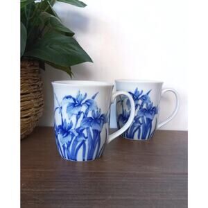 Vintage Blue and White Floral Mugs: Takahashi Made in Japan, Set of 2